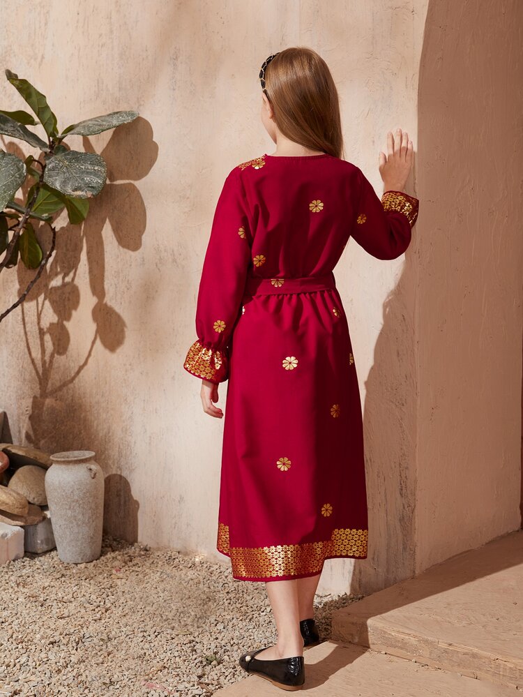 Tween Girl Gold Floral Print Wrap Belted Flounce Sleeve Dress