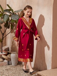 SHEIN Tween Girl Gold Floral Print Wrap Belted Flounce Sleeve Dress