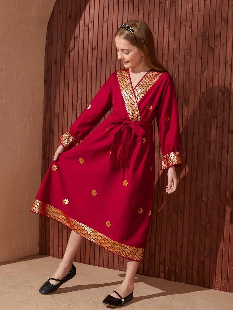 Tween Girl Gold Floral Print Wrap Belted Flounce Sleeve Dress