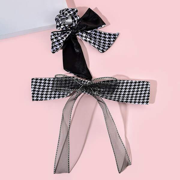 

2pcs Girls Houndstooth Print Hair Accessory, Black and white