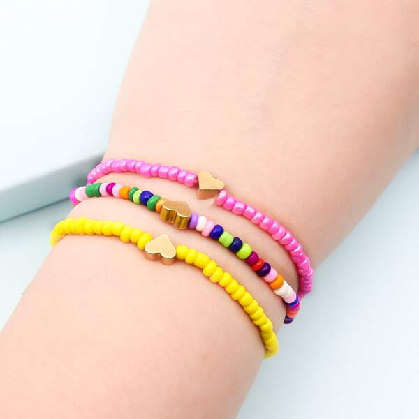 

3pcs Heart Decor Beaded Bracelet, Multicolor