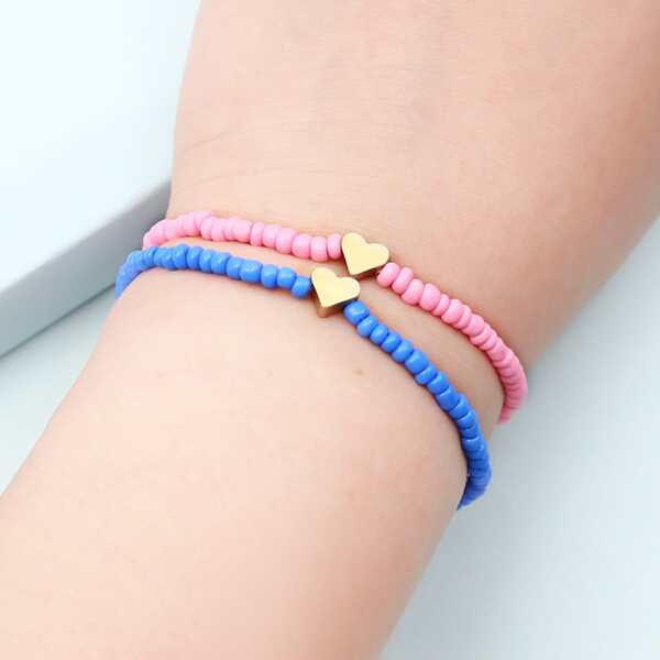 

2pcs Heart Decor Beaded Bracelet, Multicolor