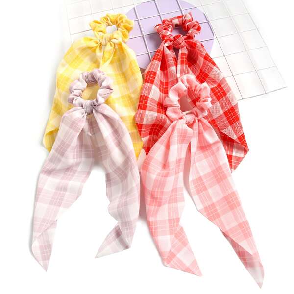 

4pcs Plaid Scarf Hair Tie, Multicolor