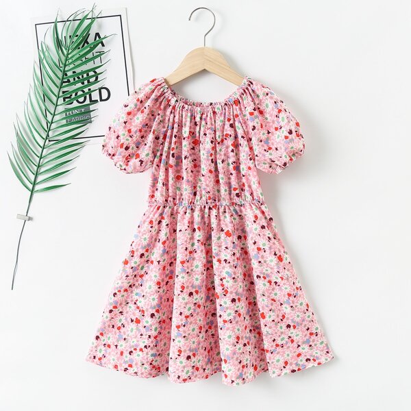

Girls Allover Floral Bishop Sleeve Swing Dress, Pink