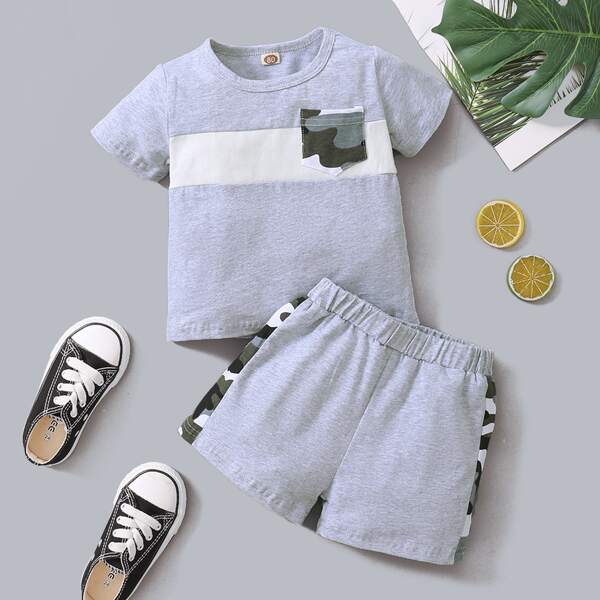 

Baby Color-block Camo Pocket Tee & Track Shorts, Light grey