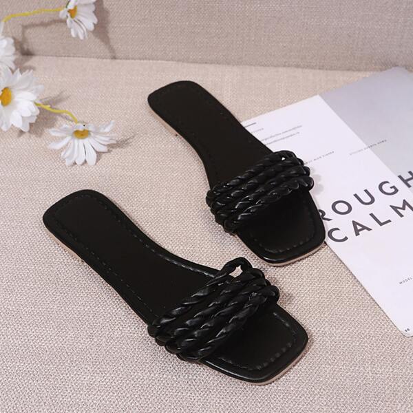 

Braided Strap Slide Sandals, Black