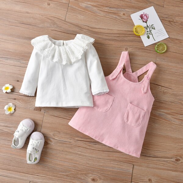 

Baby Eyelet Embroidery Statement Collar Top & Pocket Overall Dress, Multicolor