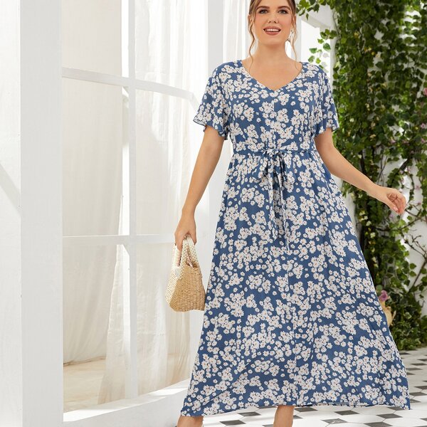 

Plus Floral Print Tie Front V Neck A Line Dress, Blue and white