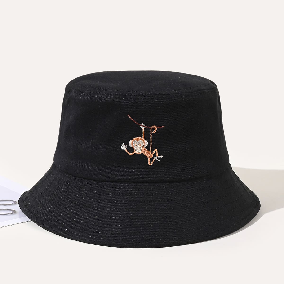 

Monkey Embroidery Bucket Hat, Black
