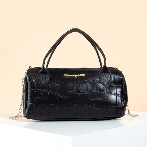 

Croc Embossed Chain Satchel Bag, Black