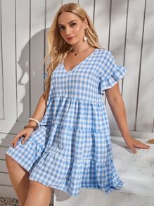 Vestido smock de guingán bajo con fruncido - Azul y blanco - Ver 1