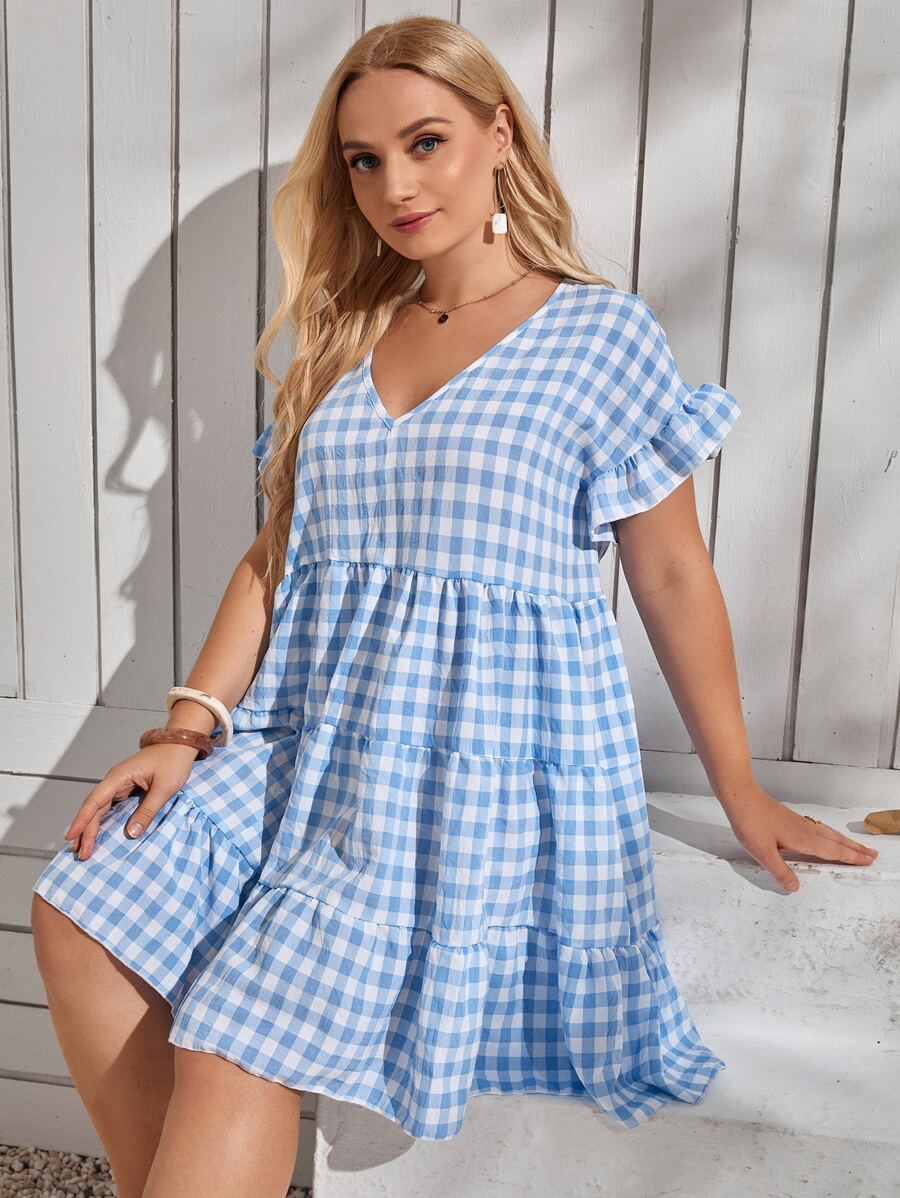 Vestido smock de guingán bajo con fruncido - Azul y blanco - Ver 1