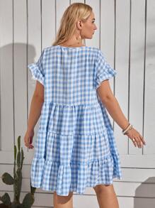 Vestido smock de guingán bajo con fruncido - Azul y blanco - Ver 2