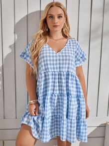 Vestido smock de guingán bajo con fruncido - Azul y blanco - Ver 5