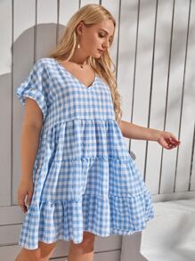 Vestido smock de guingán bajo con fruncido - Azul y blanco - Ver 4