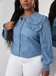 Top in denim collo pronunciato manica a lanterna