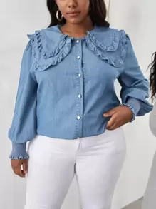 Top in denim collo pronunciato manica a lanterna