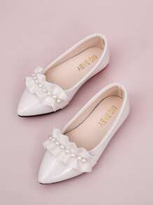 女孩人造珍珠裝飾荷葉邊芭蕾舞鞋 - 米色 - 查看 1