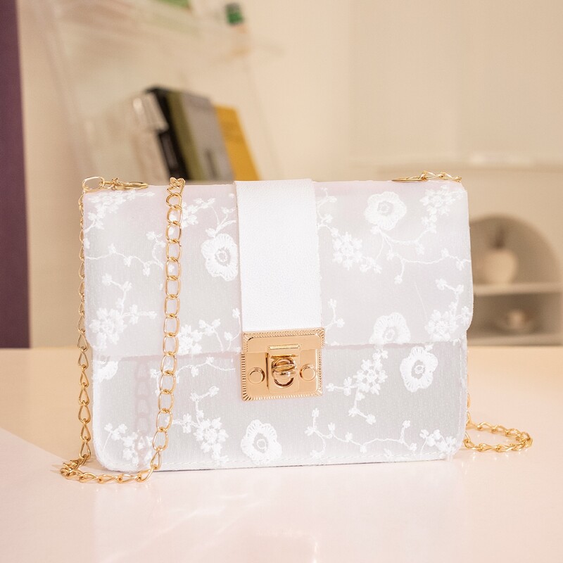 

Flower Embroidered Chain Crossbody Bag, White