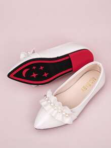 女孩人造珍珠裝飾荷葉邊芭蕾舞鞋 - 米色 - 查看 2