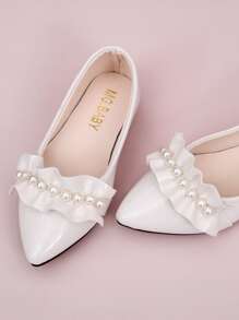 女孩人造珍珠裝飾荷葉邊芭蕾舞鞋 - 米色 - 查看 4