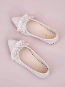 女孩人造珍珠裝飾荷葉邊芭蕾舞鞋 - 米色 - 查看 3