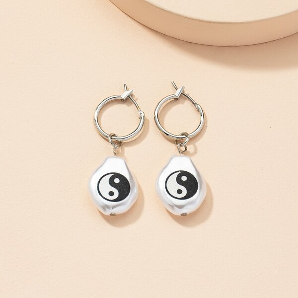 

Yin & Yang Print Faux Pearl Decor Drop Earrings, Silver