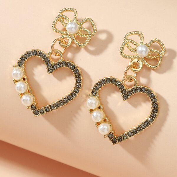 

Faux Pearl & Rhinestone Heart Decor Drop Earrings, Gold