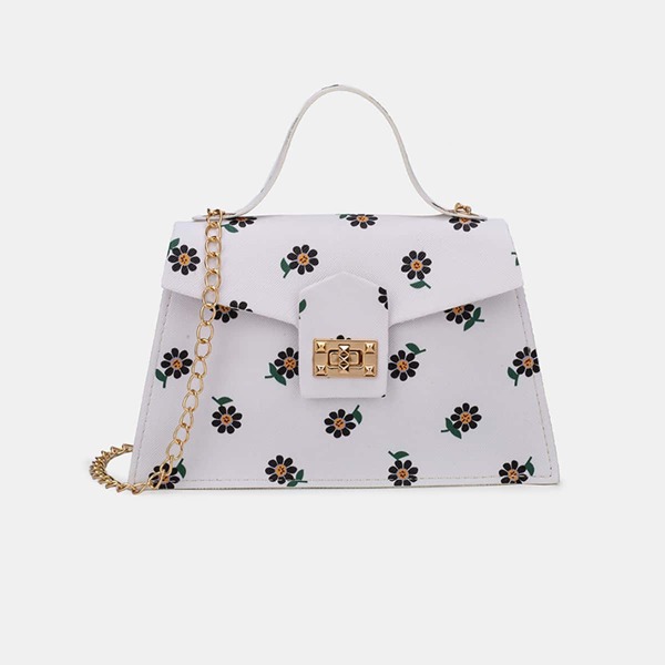 

Floral Pattern Twist Lock Satchel Bag, White
