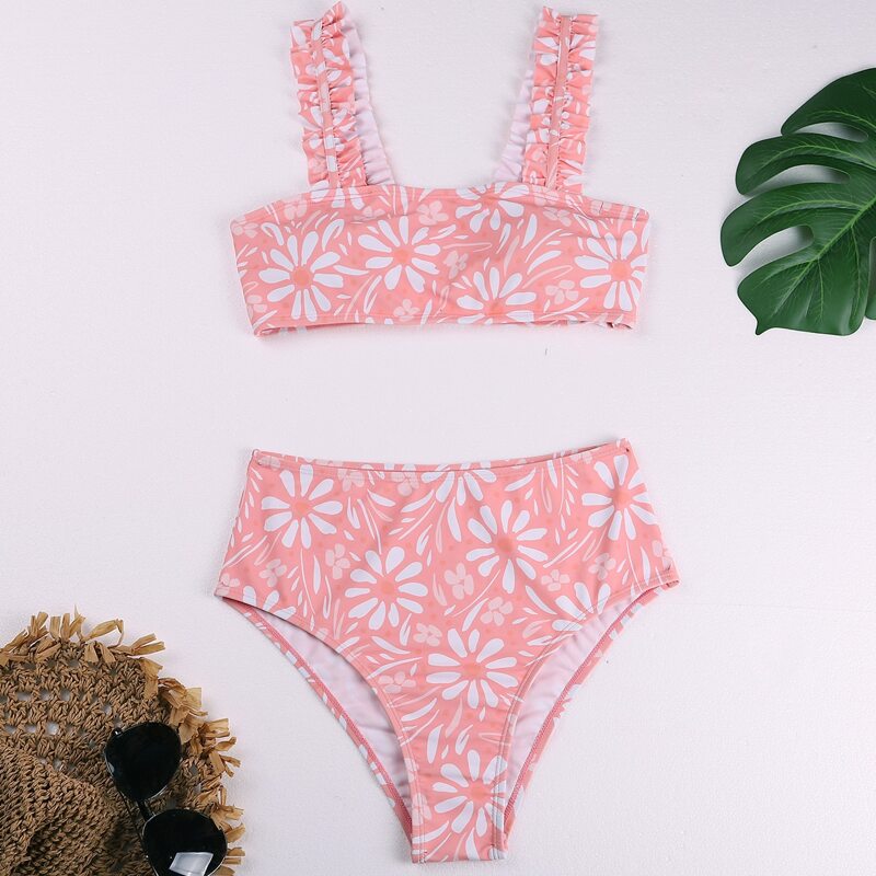 

Floral Frill High Waisted Bikini Swimsuit, Coral pink