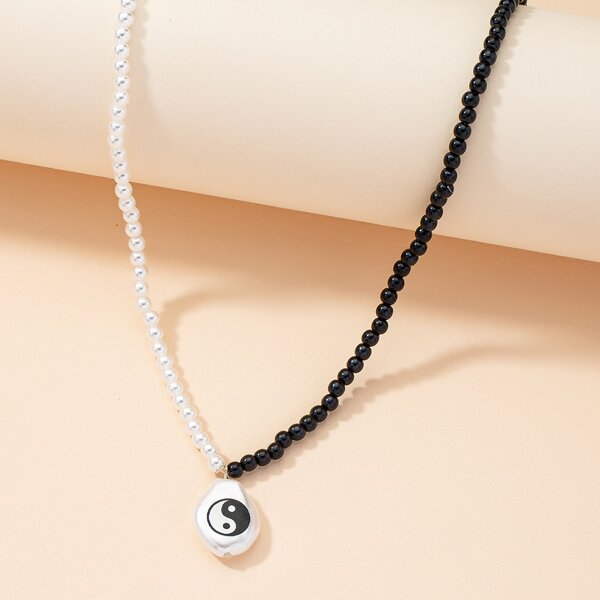 

Yin & Yang Print Faux Pearl Decor Necklace, Black