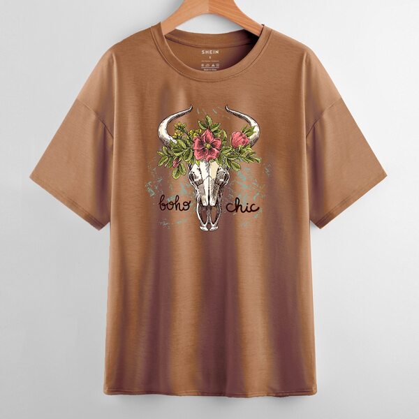 

Skeleton And Flower Print Tee, Brown
