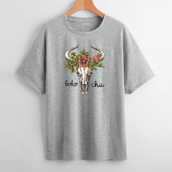 

Skeleton And Flower Print Tee, Light grey