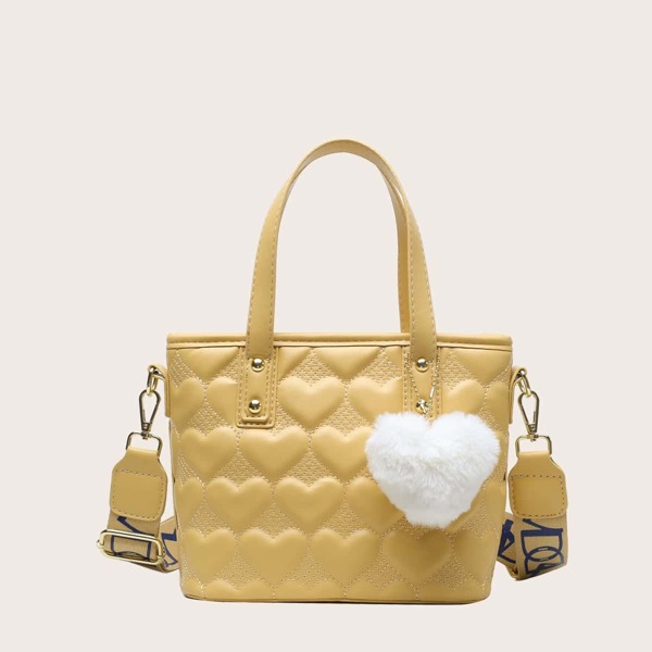 

Heart Embossed Satchel Bag With Bag Charm, Yellow