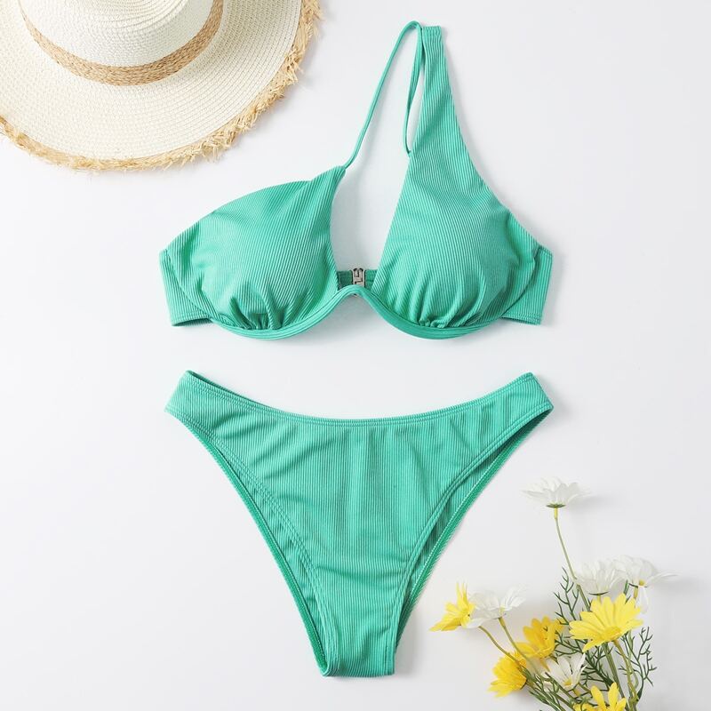 

Solid Rib One Shoulder Bikini Swimsuit, Mint green