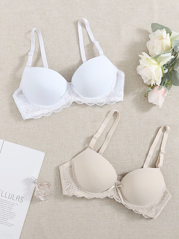 2 件装蕾丝边蝴蝶结装饰钢圈文胸套装