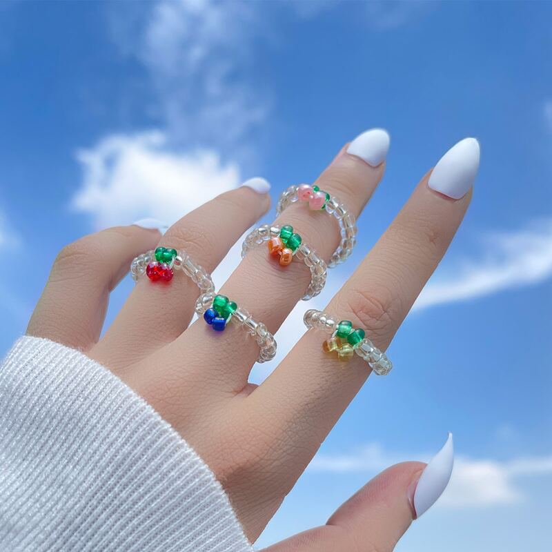 

5pcs Beaded Decor Ring, Multicolor