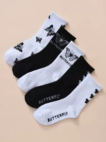 5pairs Men Butterfly Pattern Crew Socks, Fall