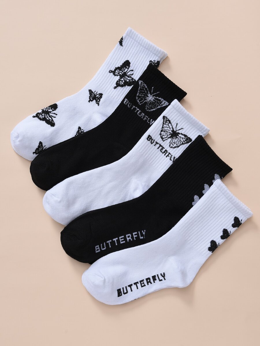 5pairs Men Butterfly Pattern Crew Socks, Fall