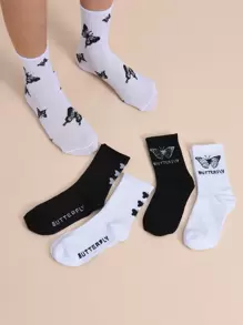 5pairs Men Butterfly Pattern Crew Socks, Fall
