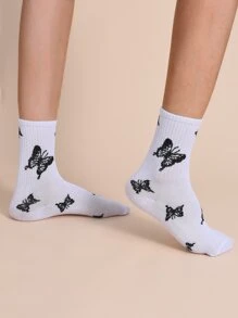 5pairs Men Butterfly Pattern Crew Socks, Fall