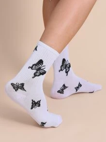 5pairs Men Butterfly Pattern Crew Socks, Fall