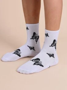 5pairs Men Butterfly Pattern Crew Socks, Fall