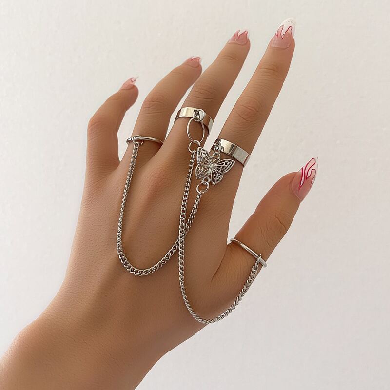 

2pcs Butterfly Decor Chain Linked Ring, Silver