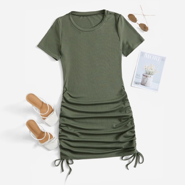 

Drawstring Ruched Side Solid Lounge Dress, Army green
