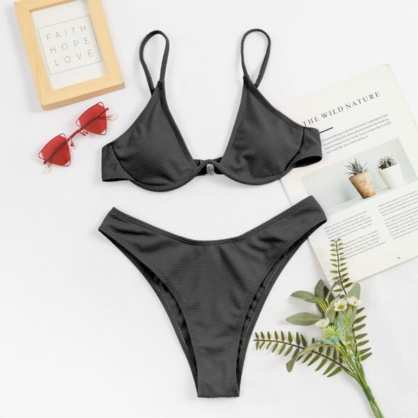 

Solid Push Up High Cut Bikini Swimsuit, Dark grey