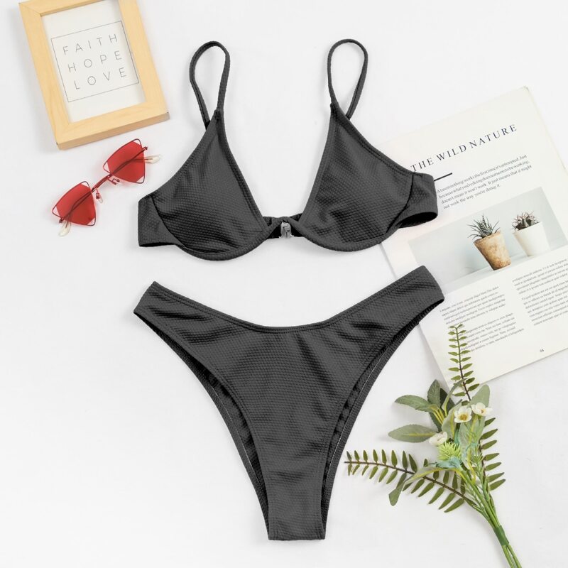

Solid Push Up High Cut Bikini Swimsuit, Dark grey