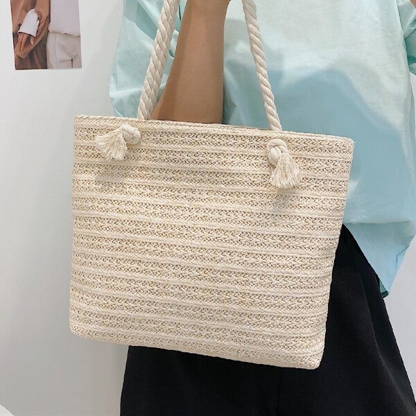 

Minimalist Straw Design Shoulder Tote Bag, Beige