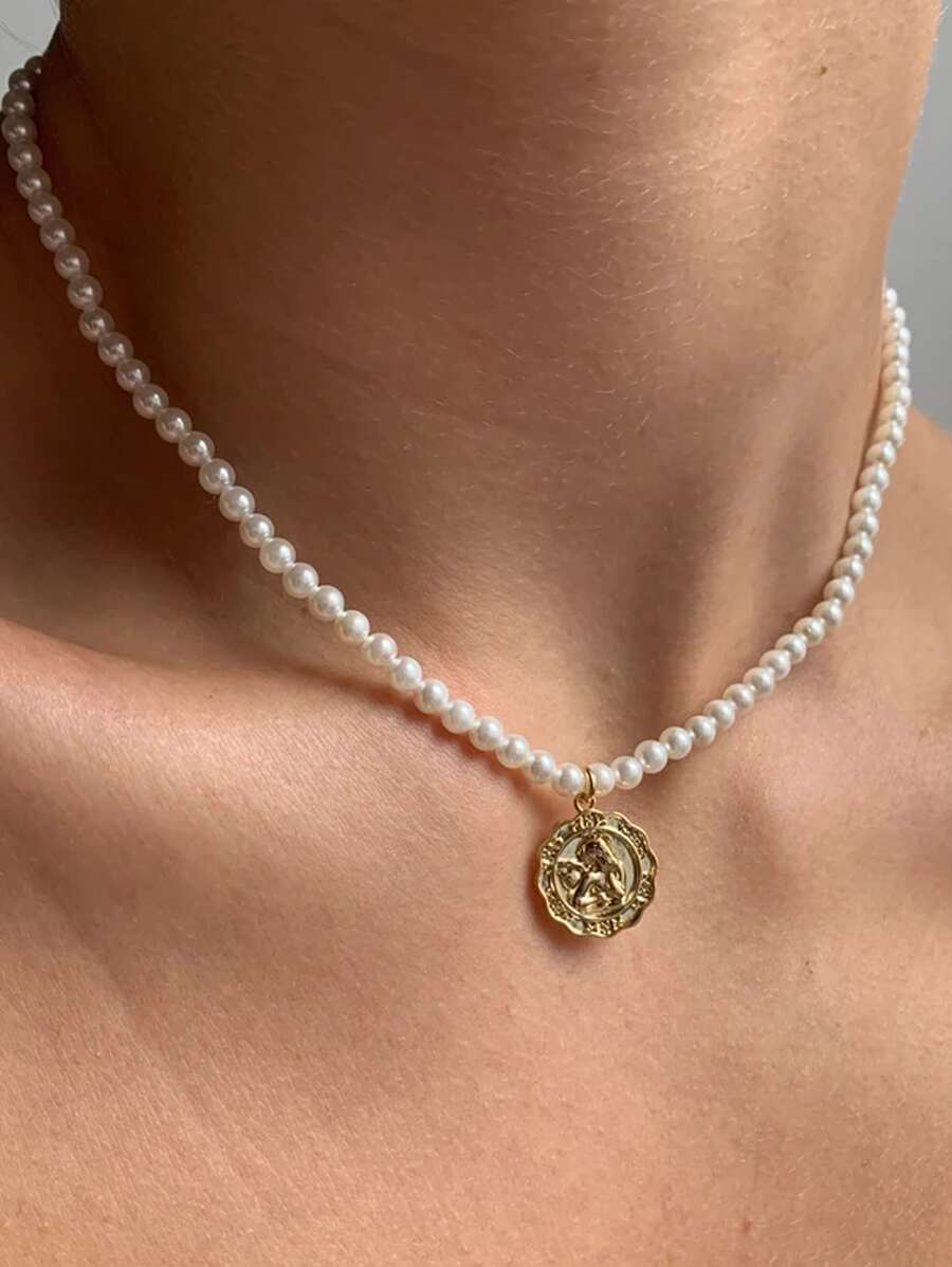 天使吊墜珍珠串珠項鍊