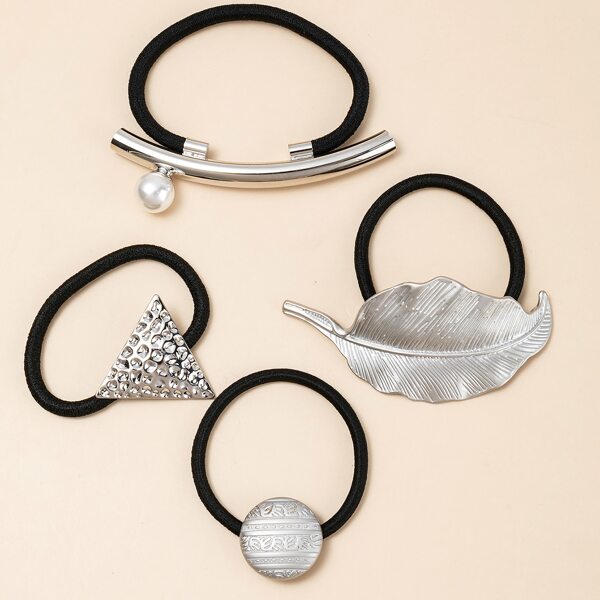 

4pcs Leaf & Triangle Decor Hair Tie, Silver